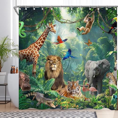 Luminora Rideau de Douche Motif Jungle Tropicale, forêt Tropicale | safari, animaux, zoo, feuilles de palmier, décorations avec 12 crochets, polyester imperméable, 183 x 183 cm
