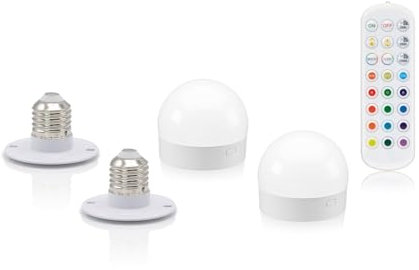 Auraglow Rechargeable Wireless LED Light Bulb with Remote – Battery-Powered, Dimmable, Colour-Changing, Wall & Ceiling Mounted or E27/B22/E14 Adaptor (2, E27 Light Source with Remote)