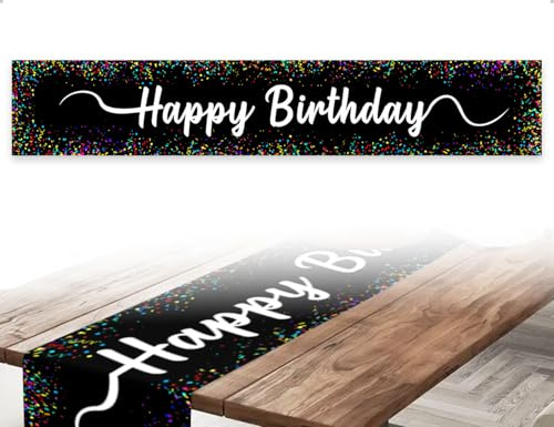 Emezddo Tischläufer Geburtstag,Leinen Happy Birthday Tischdecke,verwendet für Kinder Mädchen Jungen Party Dekoration Familienfeiern Bankette Restaurants(Schwarz)