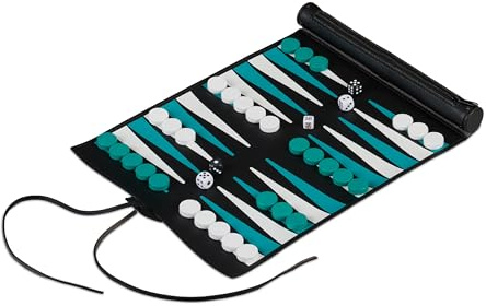 Relaxdays Backgammon, Reisespiel zum Aufrollen, inkl. Zubehör, Spielfeld B x T: 30 x 24,5 cm, Lederoptik, schwarz/türkis