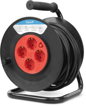 Garza - Enrollacables 25 m, 4 tomas con toma de tierra, doméstico interior, protección infantil, sobretensión y sobrecalentamiento, tambor eléctrico enrollable, rojo y negro, IP20, garantía 3 años