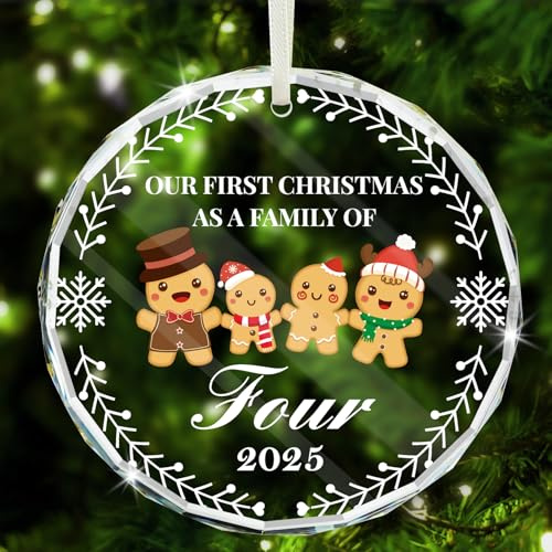 DPKOW Gift 2025 First Christmas as a Family of 4 Bauble Ornament Decoration Tree Christmas First Family Ornament Gift for Newborn Baby Keepsake 1st Xmas, Glass Bauble Clear, with Box