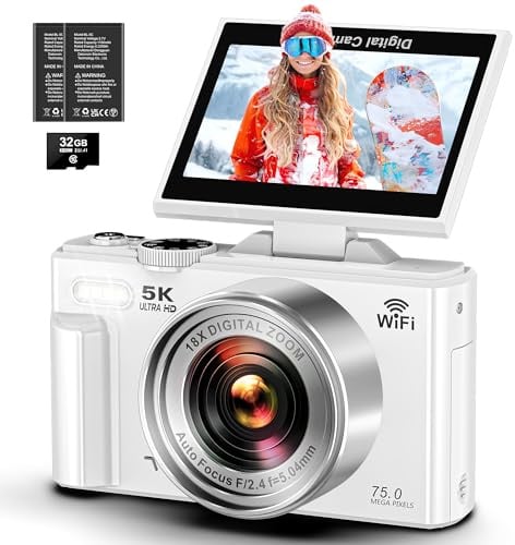 Fotocamera digitale 5K – WiFi 75 MP fotocamera per fotografia – fotocamera UHD Vlogging per YouTube con schermo 3 pollici 180 ° Flip Screen – Autofocus Compact Video Travel Camara con zoom 18X, scheda