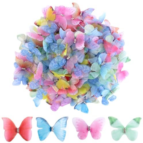ANNASAMDO 200 Stück Organza Schmetterlinge 3D 4cm bunt DIY Deko | Transparente Flügel mit 3D-Effekt. Leicht fixierbar mit Kleber. Für Tisch Geschenke Blumen. Großer Vorrat.