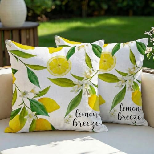Vorysum 2er Set Outdoor Kissenbezug 40x40 cm Gelb Zitrone Wasserfest Dekokissen Modern Dekorative Blumen Kissenhülle Sommer Sofakissen für Garten Sofa Balkon, Camping