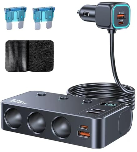 Novpow 226W Car Charger Splitter, 9-in-1 Cigarette Lighter Adapter with 3 Sockets, PD45W & PD35W USB-C Fast Charging, QC3.0 USB, LED Voltage Display, 12V/24V Car Power Adapter