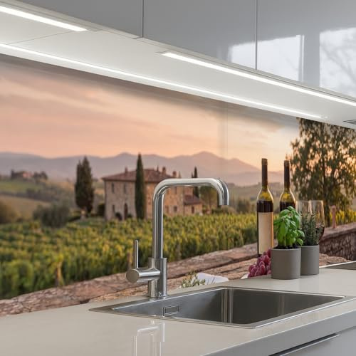 KitchenYeah© Küchenrückwand Selbstklebende Kitchen Wall Protector Küchen | 60x250 cm - Rückenwand Küchenfronten Küchenrückwände Küche Wand Wein - Gläser - Trauben - Weinberg