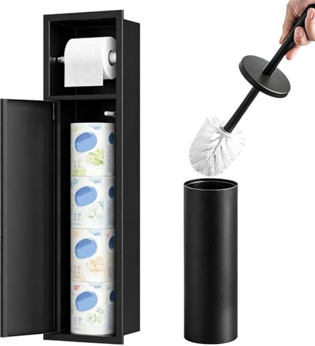 Portarrollos De Papel HigiéNico Empotrado, Unidad Almacenamiento De Papel HigiéNico De Acero Inoxidable Negro con Puerta Corredera Portarrollos con Juego De Escobilla Accesorios De BañO 66x18x15 Cm