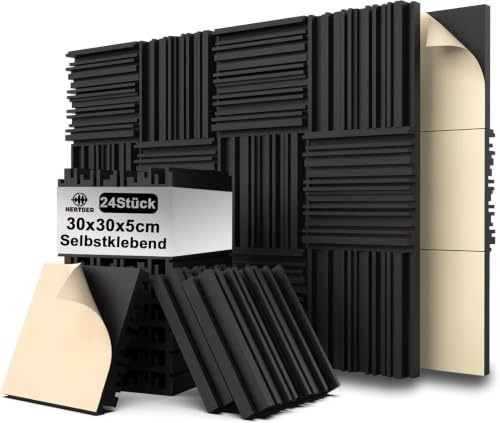 HERTBER 24 Stück Akustikschaumstoff Selbstklebend, Schwarz Gerillte Akustikpaneele 30 x 30 x 5 cm, Hohe Dichte Wandpaneele für Schalldämmung, Schallschutzplatten für Gaming Zimmer und Büro