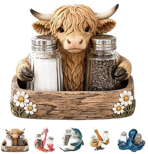 Coastal Animal Salt & Pepper Shaker Holder Set with Holder (#A) | Cute Animal Resin Kitchen Decor with 2 Glass Spice Bottles, Farmhouse Rustic Seasoning Organizer, Kitchen Counter Decoration