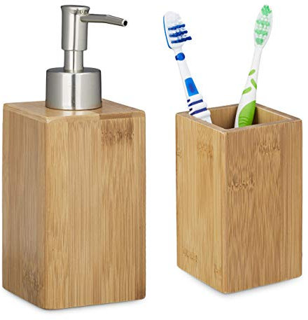 2 TLG Badutensilien Set aus Bambus, Zahnputzbecher, Seifenspender manuell, Lotionspender, Natur