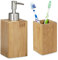 2 TLG Badutensilien Set aus Bambus, Zahnputzbecher, Seifenspender manuell, Lotionspender, Natur