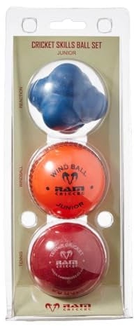 Ram Cricket Skill Balls Set - Junior - Includes 1 x Reaction Ball, 1x Wind Ball, and 1x Tennis Cricket Ball with Embossed Seams - Multi-Pack for Agility, Reflex, Bowling & Batting Training