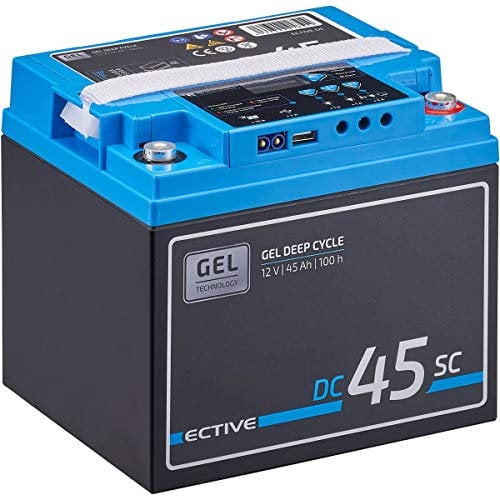 ECTIVE Gel Batterie DC45SC - 12V, 45Ah, mit PWM-Solarladeregler, Nachfüllpacks, LCD-Display - Deep Cycle VRLA Versorgungsbatterie, Solarbatterie, Bootsbatterie, Starterbatterie für Wohnwagen, Camper