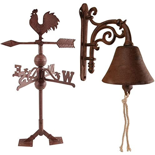 Esschert Design Wetterhahn, Wetterfahne im Antik Stil mit Standplatten aus Gusseisen, ca. 36 cm x 36 cm x 69 cm & Glocke Türglocke Gusseisen braun Landhaus