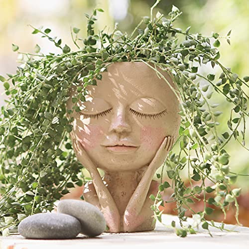 Halaood Pot de fleurs en forme de tête de pot de fleurs en résine avec trou de drainage et yeux fermés