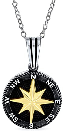 Bling Jewelry Unisex Explorer Travel Viking Disc Medallion Inspirational North Star Rose Compass Pendant Necklace For Men For Women Black Plated Two Tone .925 Sterling Silver with Chain