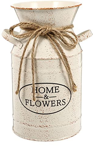 VICASKY Blumenvase Vintage Rustikal Milchkanne Blumentopf Shabby Chic Vase Französisch Stil Landhaus Vase Metall Krug Übertopf Blumeneimer mit Griff für Zuhause Büro Balkon Deko Beige