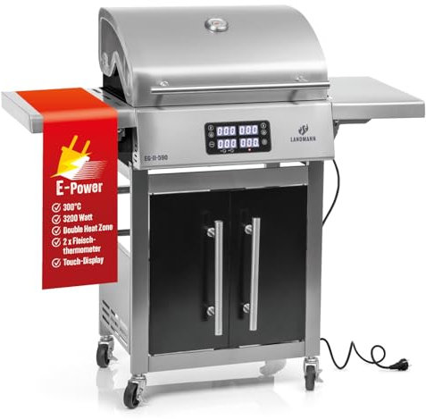 LANDMANN Elektro-Grillwagen EG-II-590 | Leistungsstarker Standgrill mit 2 Fleischthermometern & Deckelthermometer | Ohne Gas & ohne Kohle grillen | Grillfläche ca. 59 x 40,5 cm | 3200W [Edelstahl]