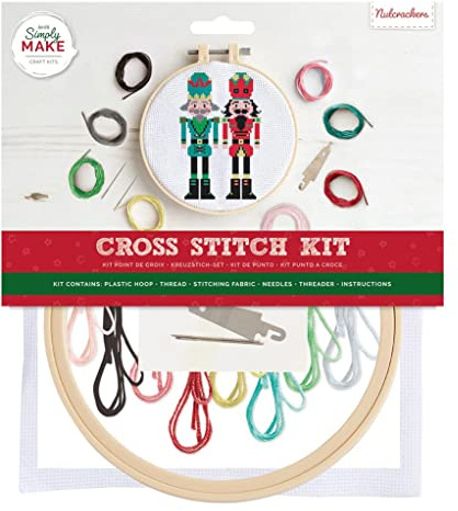 Simply Make Cross Stitch Kit - Nutcrackers Design for Kids and Adults, Including Hoop, Embroidery Thread, Fabric and Needle - Perfect for Adult Crafts and Beginners - Starter Cross Stitch Craft Kit