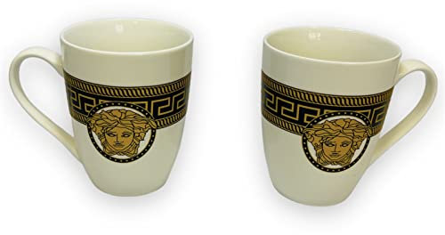 Bavary 2x Kaffeetassen Kaffeegläser für 2 Personen Cappuccino Tassen 2x Goldene Löffel aus Porzellan Kaffeeservice Kaffeezeit Tassen Kaffeebecher Medusa Mäander Versac Style Vintage Art Deco