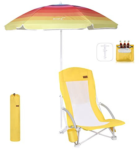 Nice C Beach Chair, Camping chair, Beach Chairs for Adults, with UPF 50 Umbrella and Cooler Bag, High Back, Cup Holder,Carry Bag,Heavy Duty, Outdoor(1 pack yellow)