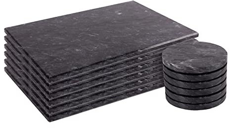 Argon Tableware Marmor-Tischsets und runde Untersetzer-Set – 12-teilig – Schwarz – Tischsets für Küche, Esstisch, Bar, Getränke, Untersetzerschutz, Tischsets und Untersetzer für Zuhause, Catering