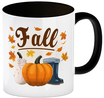 speecheese Fall Jahreszeit Herbst Kaffeebecher Schwarz mit Kürbis und Laub