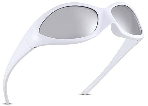 COASION Herren Polarisierte Sonnenbrille Y2k Men Vintage Sport uv400 Brille Futuristische Sonnenbrille(A95 Weiß/Silber gespiegelt)