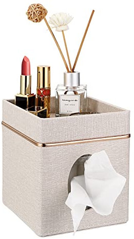 BTSKY Caja cuadrada de lino para pañuelos con bandeja de almacenamiento superior, caja de pañuelos para el hogar, oficina, mesa, cubo, caja de pañuelos con soporte superior para baratijas, color beige