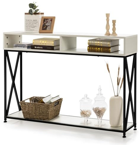 LIFEZEAL Tables de Console avec 2 Compartiments, Table d'Entrée en Bois, Cadre en Métal, Console Meuble Style Industriel, 120 x 23 x 79 cm pour Salon Couloir et Chambre (Blanc)