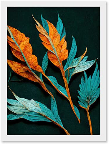 Wee Blue Coo Striking Modern Bright Teal and Orange Detailed Dried Leaves on Black Artwork Framed Wall Art Print A4
