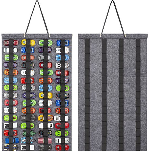 JOYMOMO Hanging Storage Organizer for Toy Cars Felt Display Case Hold Up 60 Toy Cars (Without Accessories)(Gray)