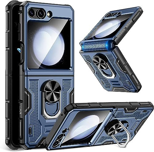 Doeshine for Samsung Galaxy Z Flip 5 Case with Magnetic Ring Kickstand, Built in Back Screen Protector & Hinge Protection, Heavy Duty Shockproof Hard Cover for Samsung Galaxy Z Flip 5 (Blue)