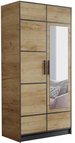 KIER FURNITURE Zweitüriger Kleiderschrank Roj2D - Moderner Kleiderschrank aus Laminierter Spanplatte - Ausziehbarer Kleiderbügel - Praktische Garderobe - 104,8x205x39 cm Eiche Craft Gold