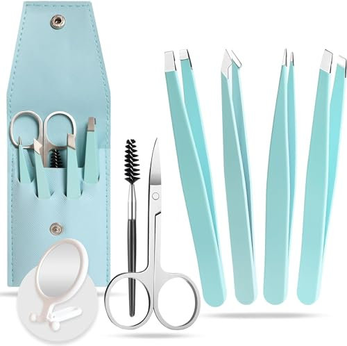 Pinzette sopracciglia, pinzetta sopracciglia professionale, kit sopracciglia donna, questo kit include 4 pinzetta sopracciglia, 1 forbice, 1 pettine e uno specchio ingranditore x10, set sopracciglia