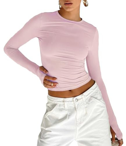 Maglietta a Manica Lunga Donna Sexy Maglietta a Maniche Lunghe con Fori per i Pollici Ragazza Crop Top in Pizzo Ragazza Top Solido Taglio Slim Ragazza Shirt Elegante (Rosa Chiaro, S)