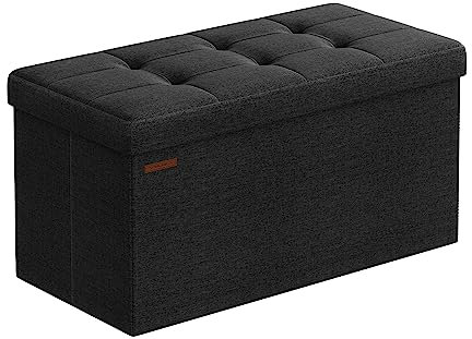 SONGMICS MAZIE Collection - Storage Ottoman Bench, 76 cm Folding Foot Rest Stool, End of Bed Bench, Easy Assembly, for Living Room, Bedroom, Entryway, Ink Black LSF047B51