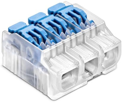 SIMET Verbindungs-Klemmen mit Hebel für Draht (0,2...4 mm²), 3 - Leiter, Packung mit 10 Stück, Farbe transparent/blau, Schnellkupplungsöffnung, zum Anschluss von elektrischen Leitern