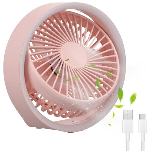 Mini Ventilatore USB, Ventilatore da Tavolo Silenzioso 3 Velocità, 1800mAh Ricaricabile Ventola da Scrivania, Piccolo Portatile Desk Fan per Casa Ufficio Viaggiare Auto Esterno Campeggio (Rosa)
