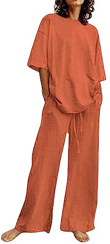 Dinnesis Sommer-Casual-Set mit Gürteltasche, Oberteil mit halben Ärmeln, O-Ausschnitt und Hose mit weitem Bein Sportanzug Zweiteiler Damen (Orange, S)