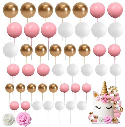 48 PCS Tortendeko Kugel mit Happy Birthday Topper Kuchendeko Backen Kuchen Dekorationen für Geburtstag Hochzeit Party DIY Tortendeko(Rosa Weiss Gold)