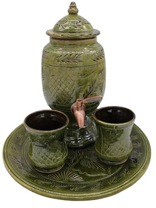 Set de Purification d'Eau en Céramique Traditionnelle de Safi - Jarre avec Robinet en acier inoxidable, Deux Tasses et un Plateau - Artisanat Marocain Authentique. Plusieurs coloris (Vert)