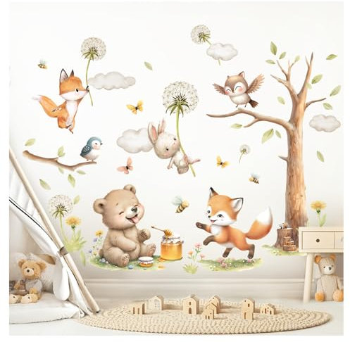 Little Deco Wandtattoo Waldtiere Fuchs Wandsticker Kinderzimmer Bär Wandaufkleber Tiere Bäume Babyzimmer Schlafzimmer Wanddeko DL5065-04