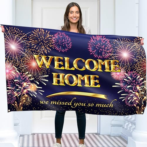 Welcome Home Banner – Welcome Back Banner – Welcome Home Dekorationen – 1,5 m x 0,9 m mit Bild von Welcome Home Ballon – lebendiger Digitaldruck – 110Den dickes Polyester – Doppelnaht (blau)