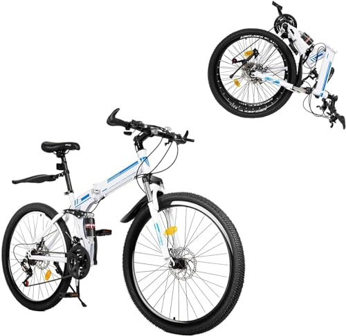 26 Zoll 21-Gang MTB Fahrräder Mädchen Jugendrad Klappfahrrad Erwachsene Fahrrad Mountainbike mit Scheibenbrem (Weiß & Blau)