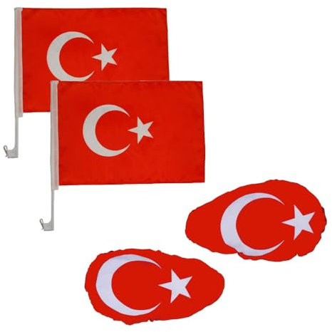 Türkei Auto Fan Set Hochwertig 4 teilig, 2x Autofahne, 2x Spiegelflagge, Türkiye EM Fanartikel Fahne Flagge 2024