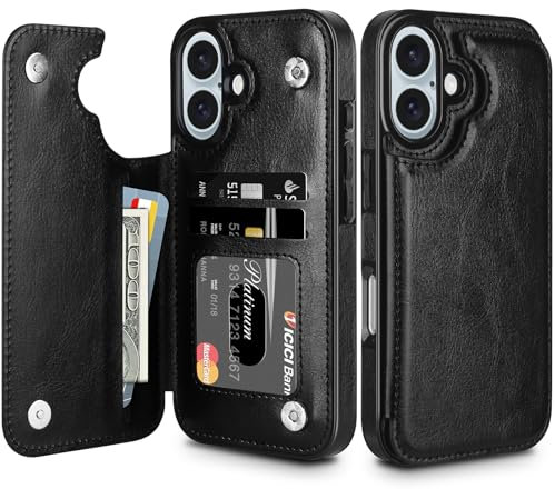 Coolden Handyhülle für iPhone 16 Hülle Case Premium Klappbar Leder Hülle mit Kartenfach Ständer Magnetische Flip Case Cover Spange Stoßfeste Schutzhülle Brieftasche Hülle für iPhone 6,1 Schwarz