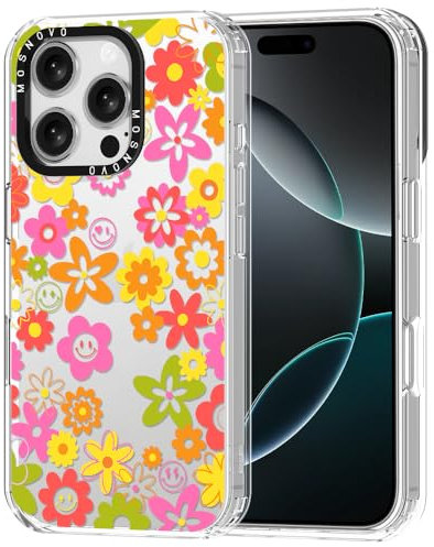 MOSNOVO Case for iPhone 16 Pro, [Buffertech 6.6ft Military-Grade Drop Protection] [Anti Peel Off Tech] Clear TPU Bumper Phone Case Cover Design - 70's Groovy Floral