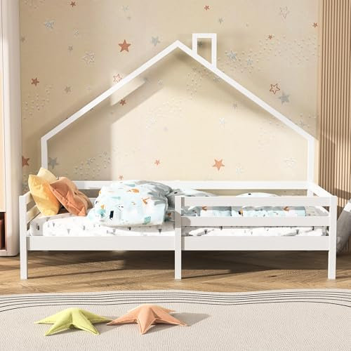 YLSZHY Einzelbett mit Sicherheitsgeländern, Holzkabinenbett mit Zaun und Lattenstütze, 90 x 200 cm, Holzhaus geformtes Bett für Zuhause Schlafzimmer
